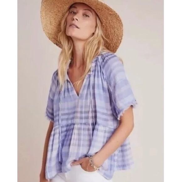 Anthropologie Tops - Pilcro by Anthropologie Bette Babydoll Ruffled Plaid Lilac Blouse sz. M